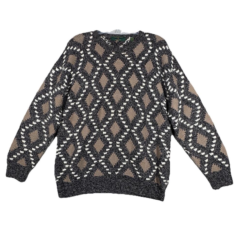 Embassy Row Sweater Mens Large Pullover Gray Cream Geometric Vintage‎ Cabincore